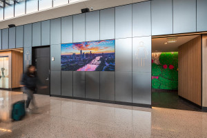 FSRT636 Система облицовки стен Levelr с панелями из вивихромового хромового стекла в отражающей конфигурации с индивидуальной цветовой прослойкой и опалексной отделкой, индивидуальной графикой туалета с индивидуальной подсветкой световой панели и настраив