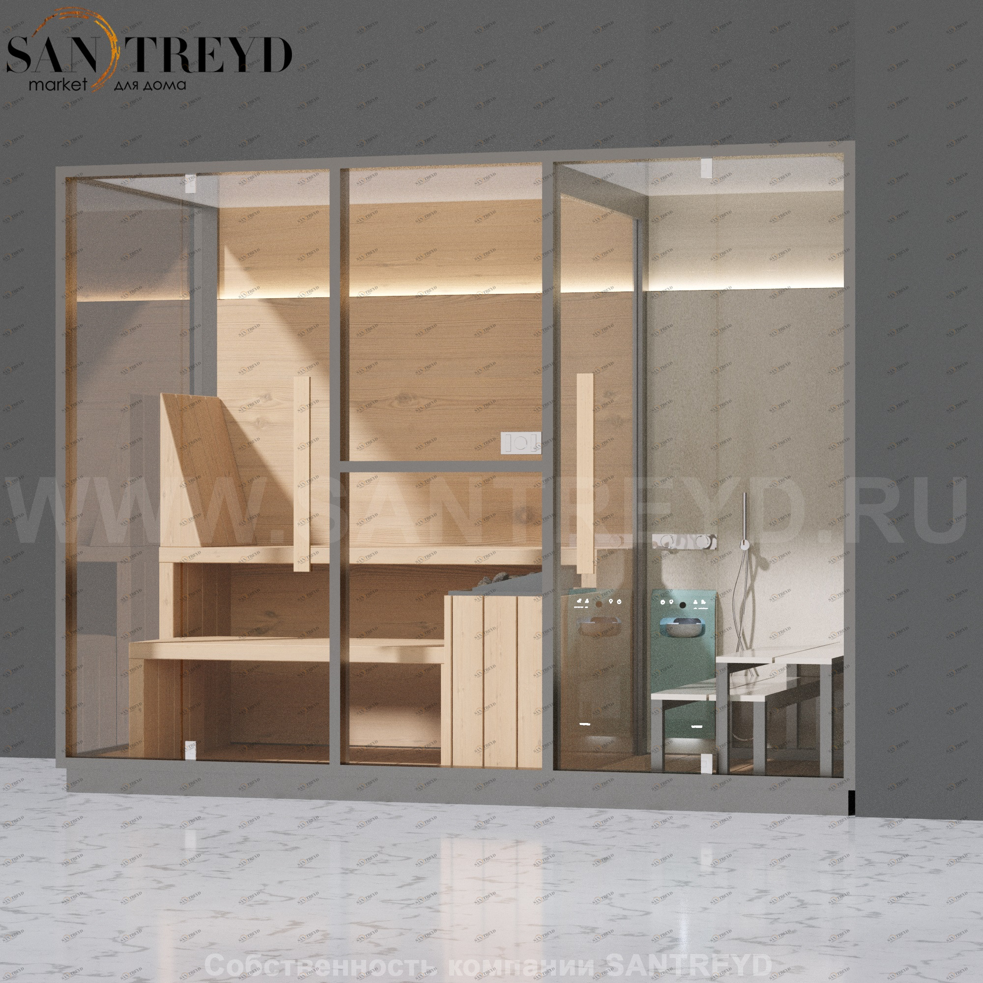 Effegibi MID LO70010003 Комбинированная баня: хаммам - душ и сауна. Установка: в правый угол. Мощность: 11 кВт макс. Размеры: длина 300 см, ширина 137 см. Отделка: канадский хемлок, матовый лакированный серый аллюминий и бежевый ламинат из керамогранита.