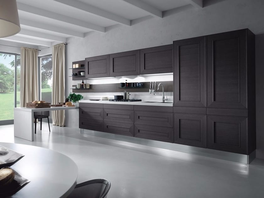 Кухня из шпона без ручек с полуостровом Composit гранат ARCH-00074701