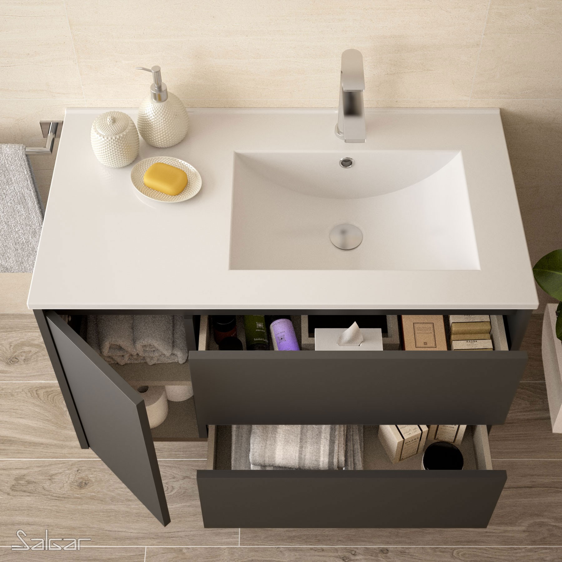 85064 SALGAR Мебель для умывальника NOJA 855 1 дверь левая MATT GREY + Раковина Мэтт Грей - Вид №1