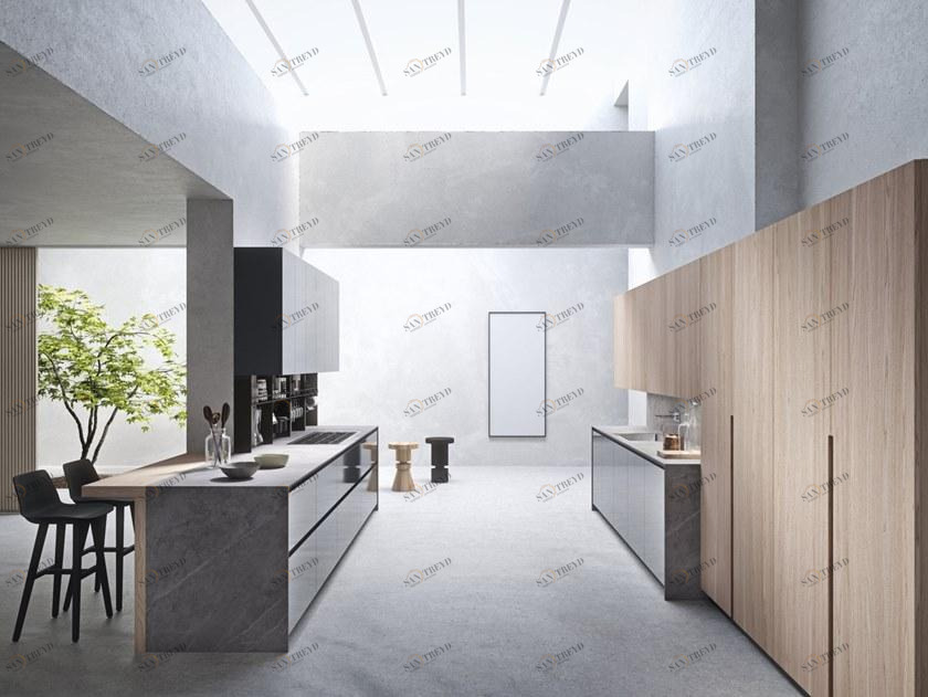 Кухня из лакированного дерева и стекла с островом Sistema 22.2 Santreyd sun-id-1398539