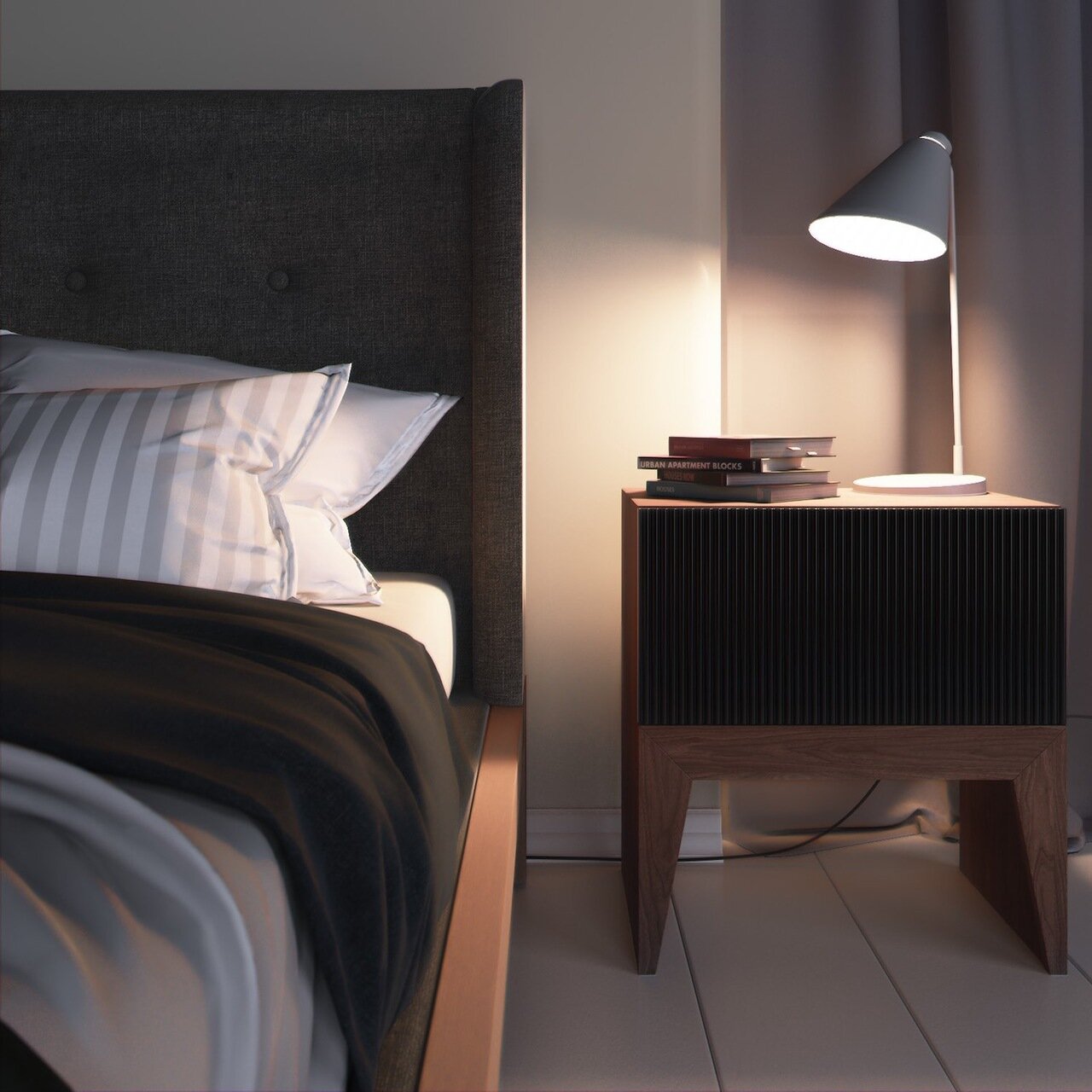 Тумбочка прикроватная для спальни с ящиком черная с рисунком "Полоска" Still New BRAGIN DESIGN  256450 Черный  - Вид №1