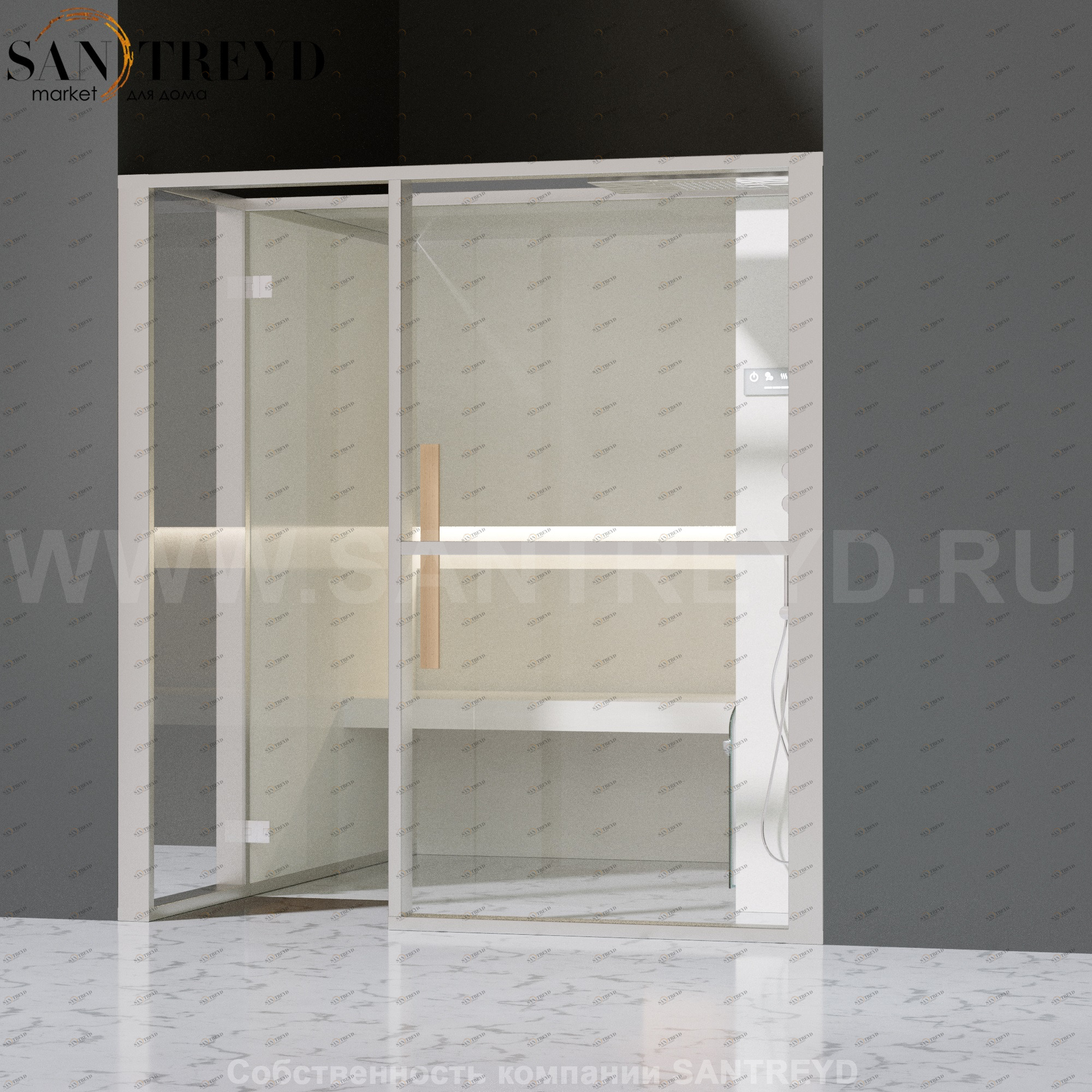 Effegibi LOGICAFILO H LO31020009 Хаммам. Установка: в нишу. Правая дверь. Мощность: 4,5 кВт макс. Размеры: длина 214 см, ширина 250 см. Отделка: матовый лакированный белый аллюминий и серый ламинат из керамогранита.