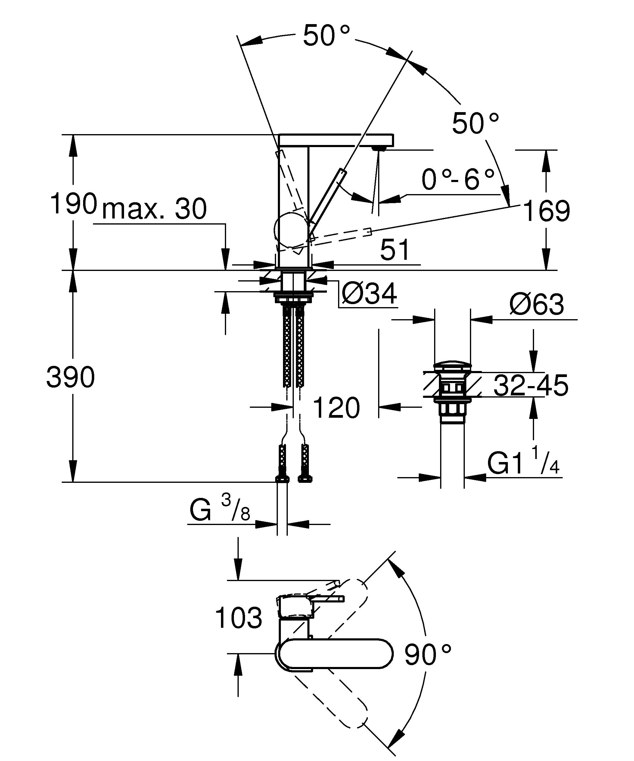 Смеситель однорычажный для раковины GROHE Plus с нажимным сливным гарнитуром, M-Size, 5,7 л/мин (23872003) - Вид №1