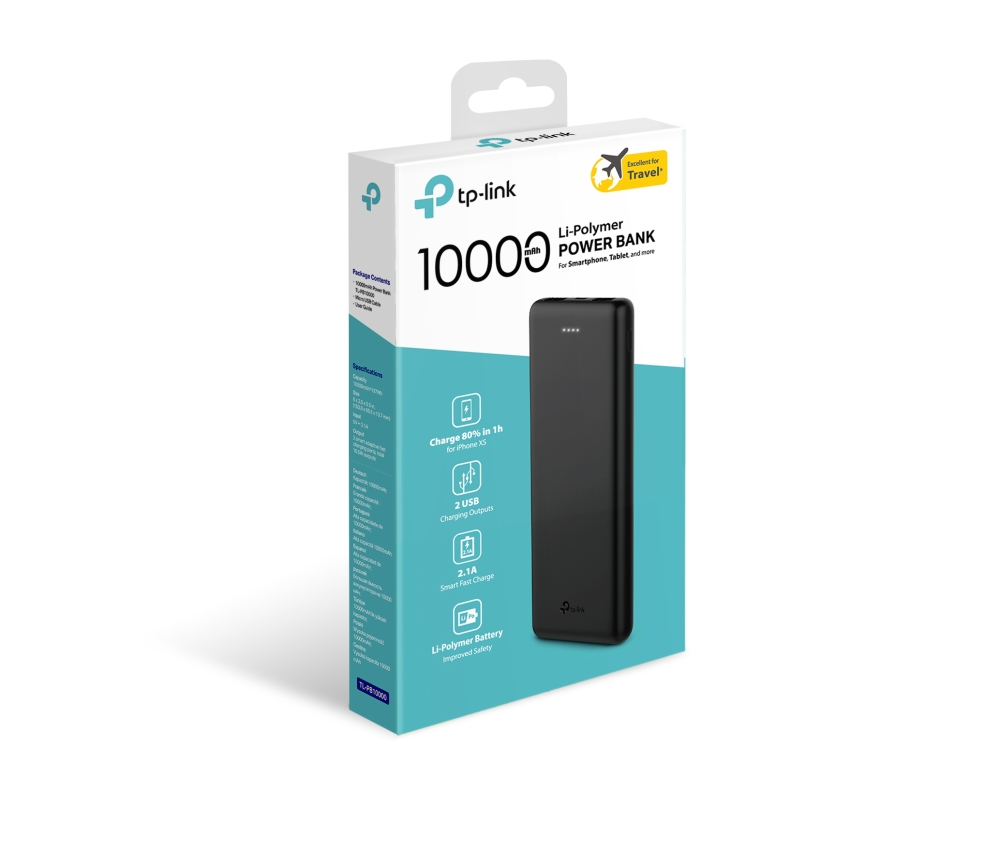TL-PB10000 10000mah power bank, polymer battery; double usb for two devices charging at the same time ( 5v/2.1a max per port, total 5v 2.1a ) TP-Link Santreyd  - Вид №3