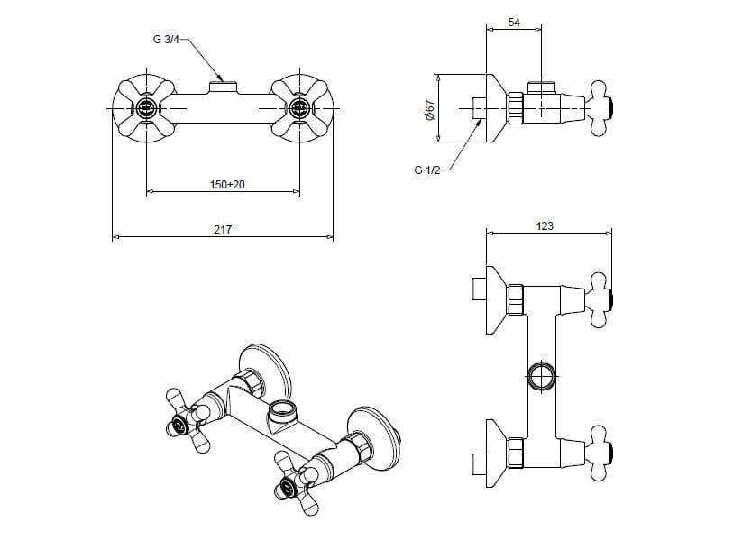 Хромированный латунный смеситель для душа Bugnatese Old ' 800 ARCH-00069038 - Вид №1