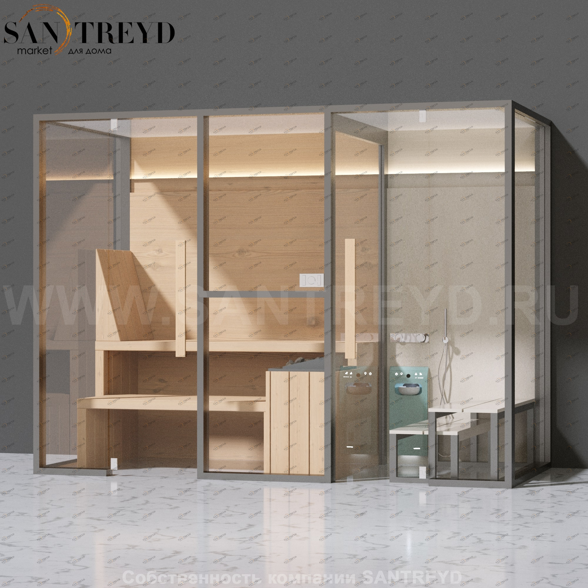 Effegibi MIDFILO LO71010001 Комбинированная баня: хаммам - душ и сауна. Установка: к стене. Мощность: 11 кВт макс. Размеры: длина 300 см, ширина 137 см. Отделка: канадский хемлок, матовый лакированный серый аллюминий и бежевый ламинат из керамогранита.