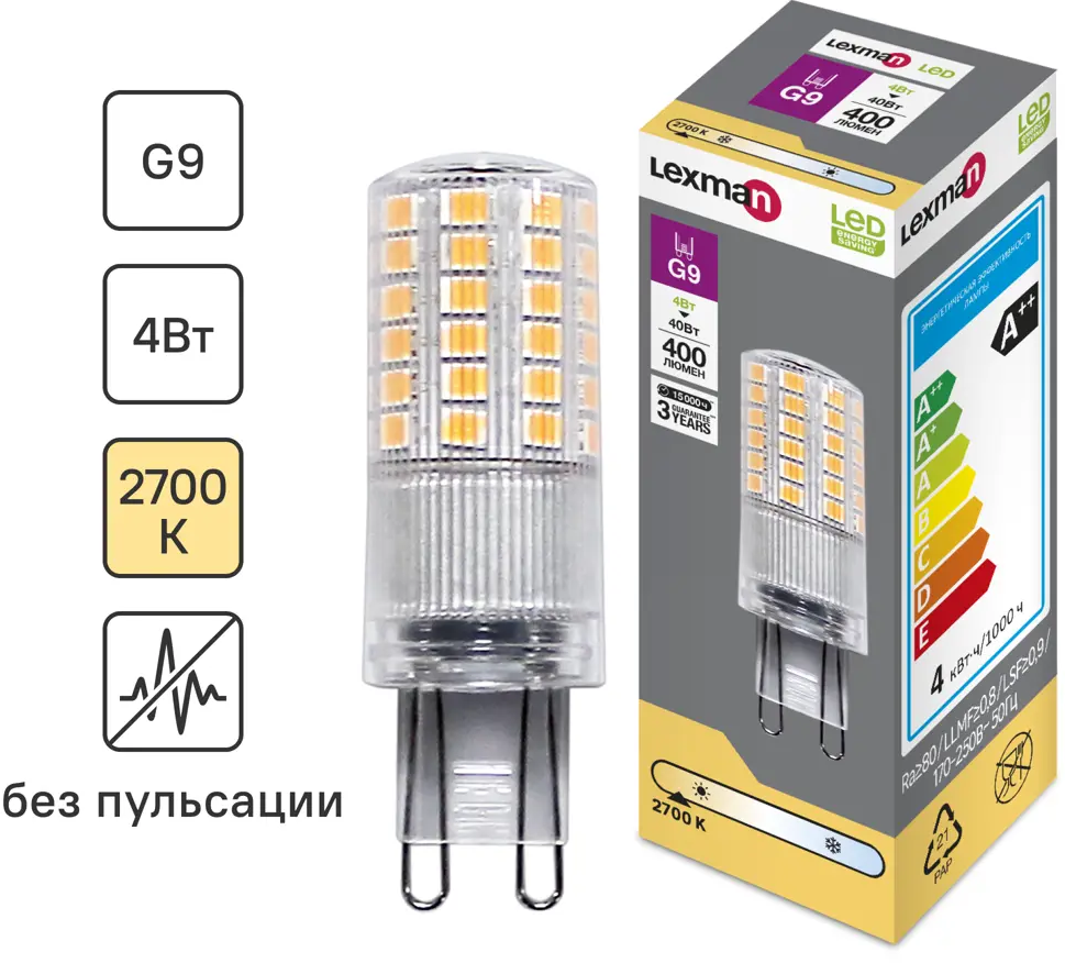 LEXMAN Светодиодная лампа G9 прозрачная капсула 4Вт теплый свет 82991579