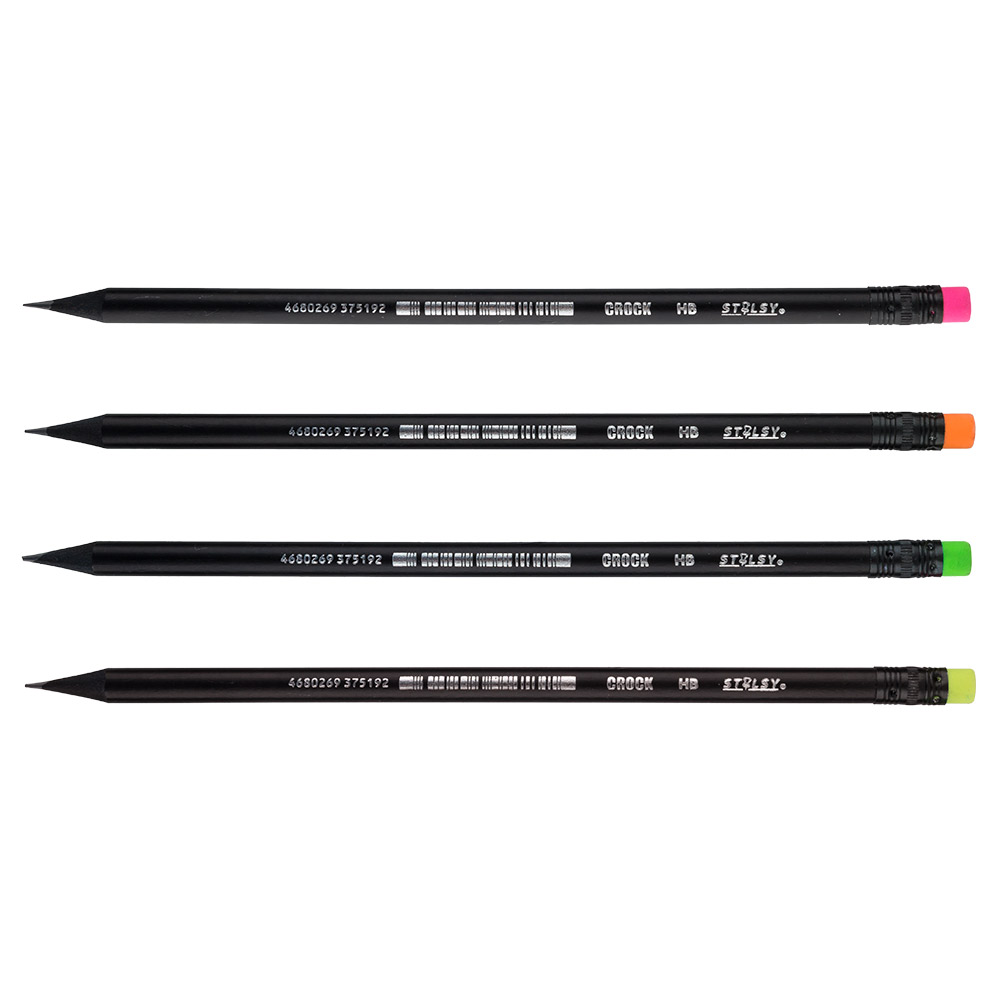 1204SB Карандаш чернографитовый CROCK из черного дерева с ластиком HB ассорти STILSY 