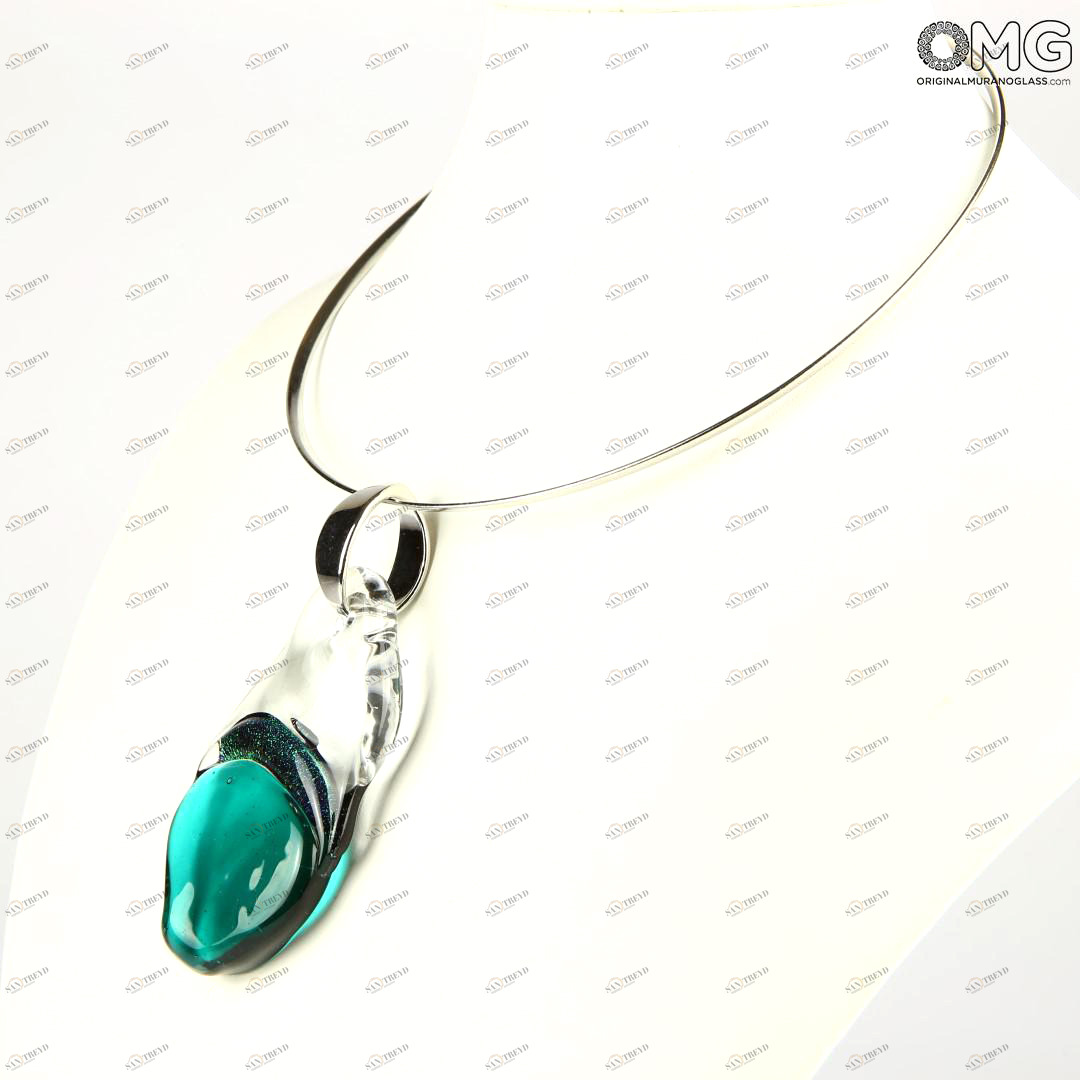 2647 ORIGINALMURANOGLASS Циановая подвеска - плавленное стекло - Original Murano Glass OMG 28 см 