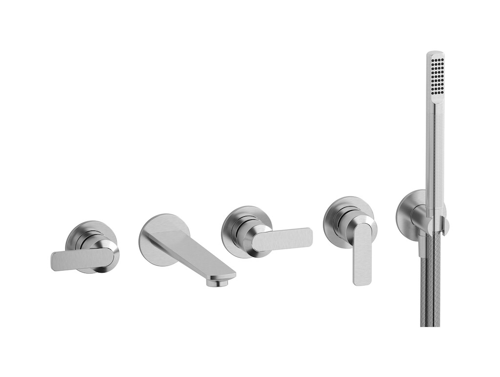 Настенный смеситель для ванной на 5 отверстий с дивертером и душевым гарнитуром. WE ARE IB c6398ss Brushed Nickel C-67