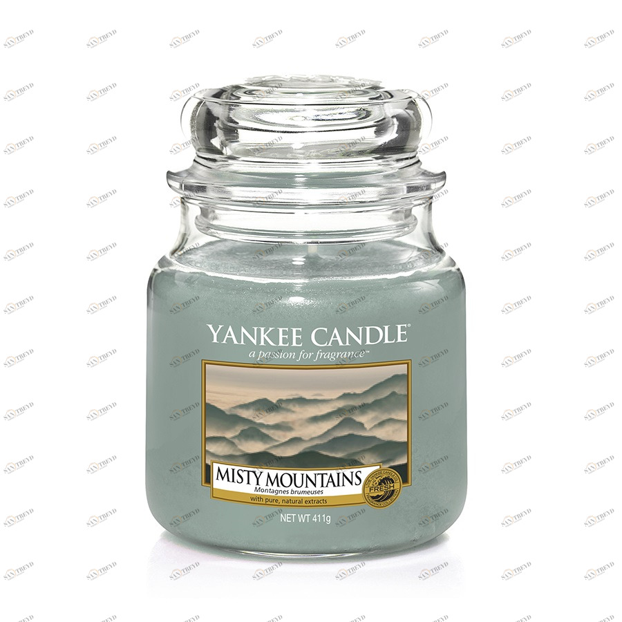 Свеча средняя в стеклянной банке "Туманные горы" Misty Mountains 411 гр 65-90 часов YANKEE CANDLE  268021 Голубой 