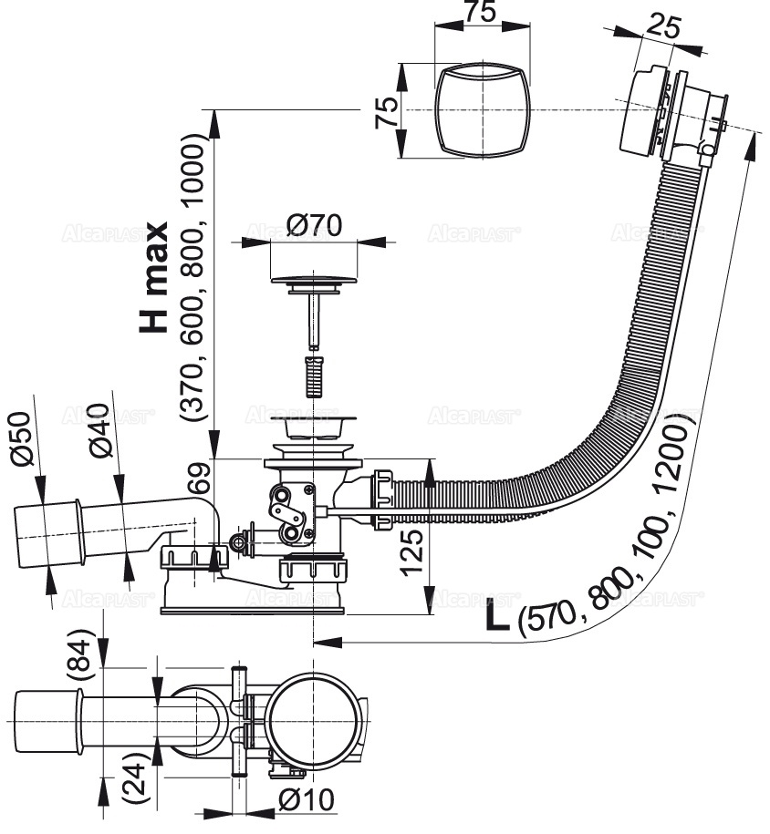 Сифон для гидромассажных ванн, хром ALCAPLAST A566112122 - Вид №1