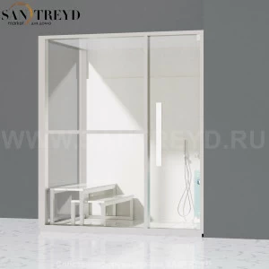 Effegibi H LARGE LO80020006 Комбинированная баня: хаммам и душ. Установка: в правый угол. Левая дверь. Мощность: 4,5 кВт макс. Размеры: длина 173 см, ширина 102 см. Отделка: матовый лакированный белый аллюминий и серый ламинат из керамогранита.