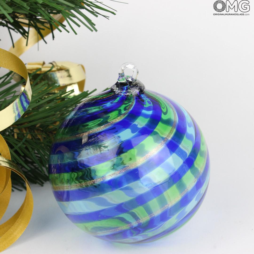 2640 ORIGINALMURANOGLASS Ёлочный шар Fantasy - сине-зелёная спираль - MURANO GLASS XMAS 8 см  - Вид №1