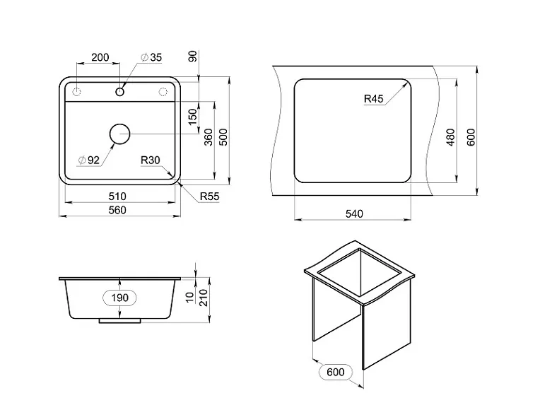 5601, ГРАФИТ, кухонная мойка, СтандАРТ кварц GRANULA Standart 5601-ST39 - Вид №2