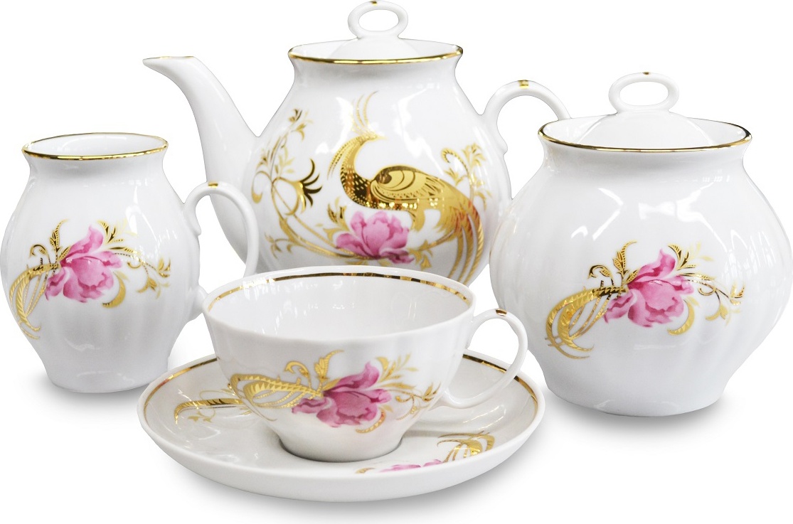 10618074 Дулевский фарфор Сервиз чайный 6/15 "Белый лебедь" "Жар-птица" Фарфор 