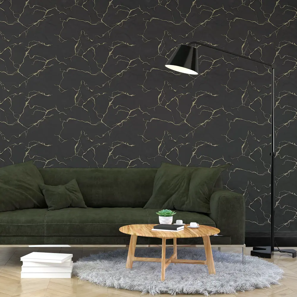 Московская обойная фабрика Тароко: черно-золотые флизелиновые обои с текстурой венецианской штукатурки 88994212 STLM-0831676 - Вид №2