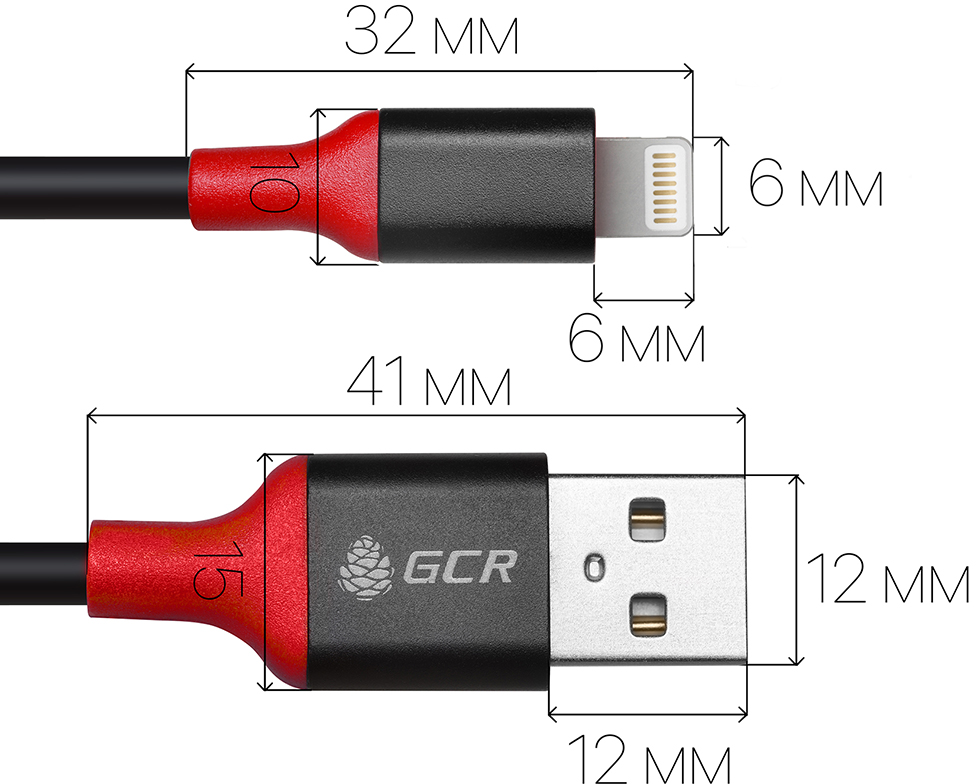GCR-50954 кабель 3a 1.0m apple usb 2.0 am/lightning 8pin mfi для iphone 5/6/7/8/x - поддержка всех ios, черный, алюминиевый корпус черный, красный пвх, Greenconnect Santreyd  - Вид №1