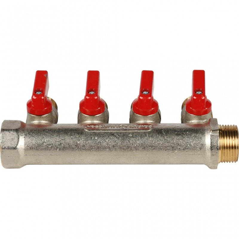 Коллектор с шаровыми кранами 3/4" STOUT 4 выхода 1/2", красные ручки SMB6200341204 - Вид №1