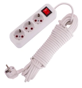 LILA Удлинитель с заземлением 3 входа, 10 метров с выключателем белый