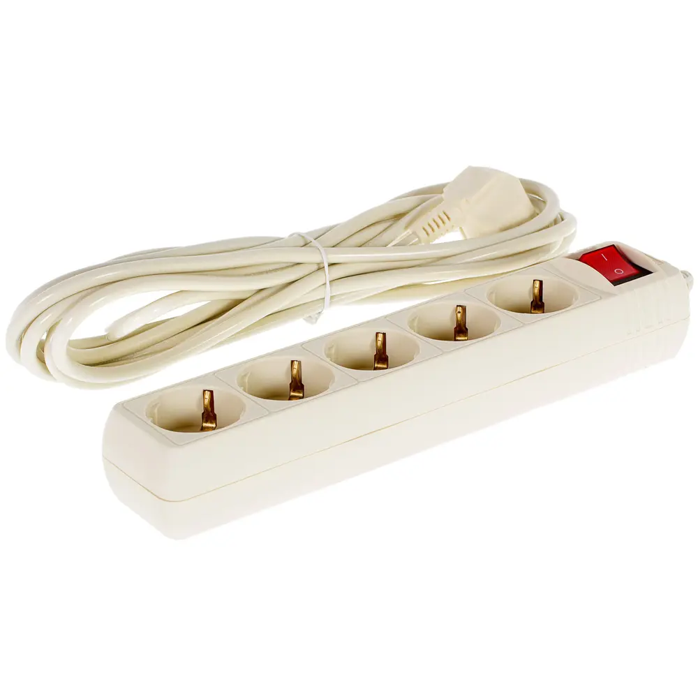 Удлинитель с заземлением, 5 розеток, 5 м, 3500 Вт, выключатель, цвет бежевый SKYBEAM STLM-2032190