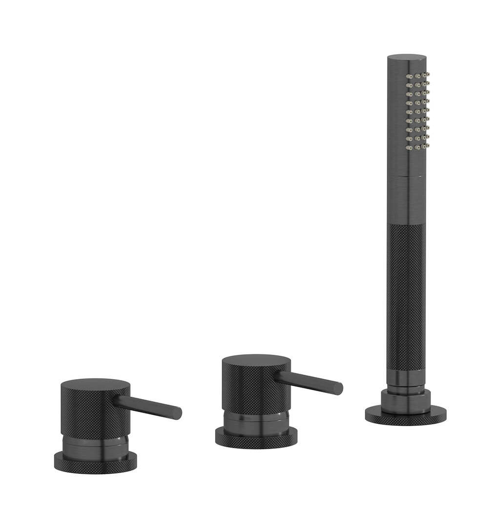 Смеситель на бортик ванной на 4 отверстия с изливом, дивертером и душевым гарнитуром. WE ARE IB id397cs Brushed Black Chrome Industria