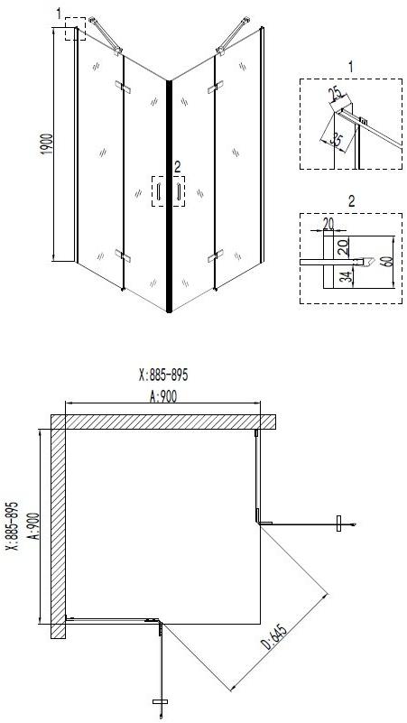 Душевое ограждение NG- 6613-08 (90*90*190) квадрат, двери распашные, 1 место Niagara Nova 66130811 - Вид №2