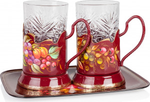 10604609 Жостовская фабрика декоративной росписи Набор из 2 подстаканников в шкатулке с подносом 22х18см (худ.роспись) Латунь