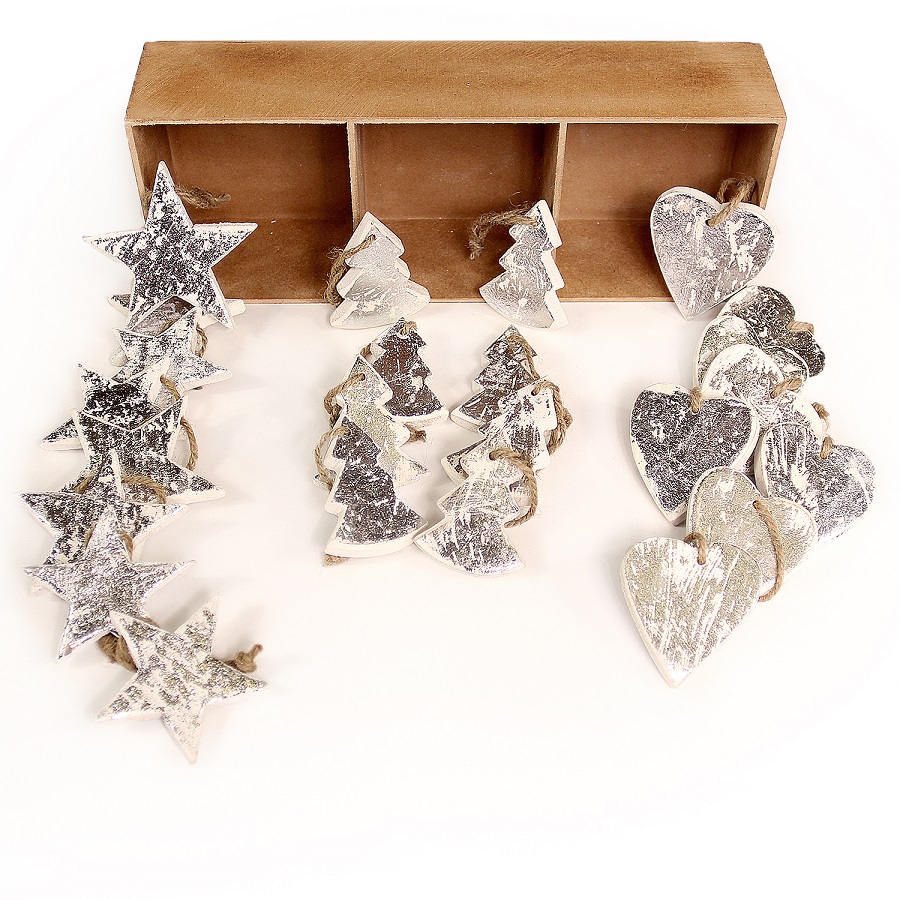 Украшения подвесные Silver Stars/Trees/Hearts, деревянные, в подарочной коробке, 24 шт Enjoyme ENNY0012 - Вид №2