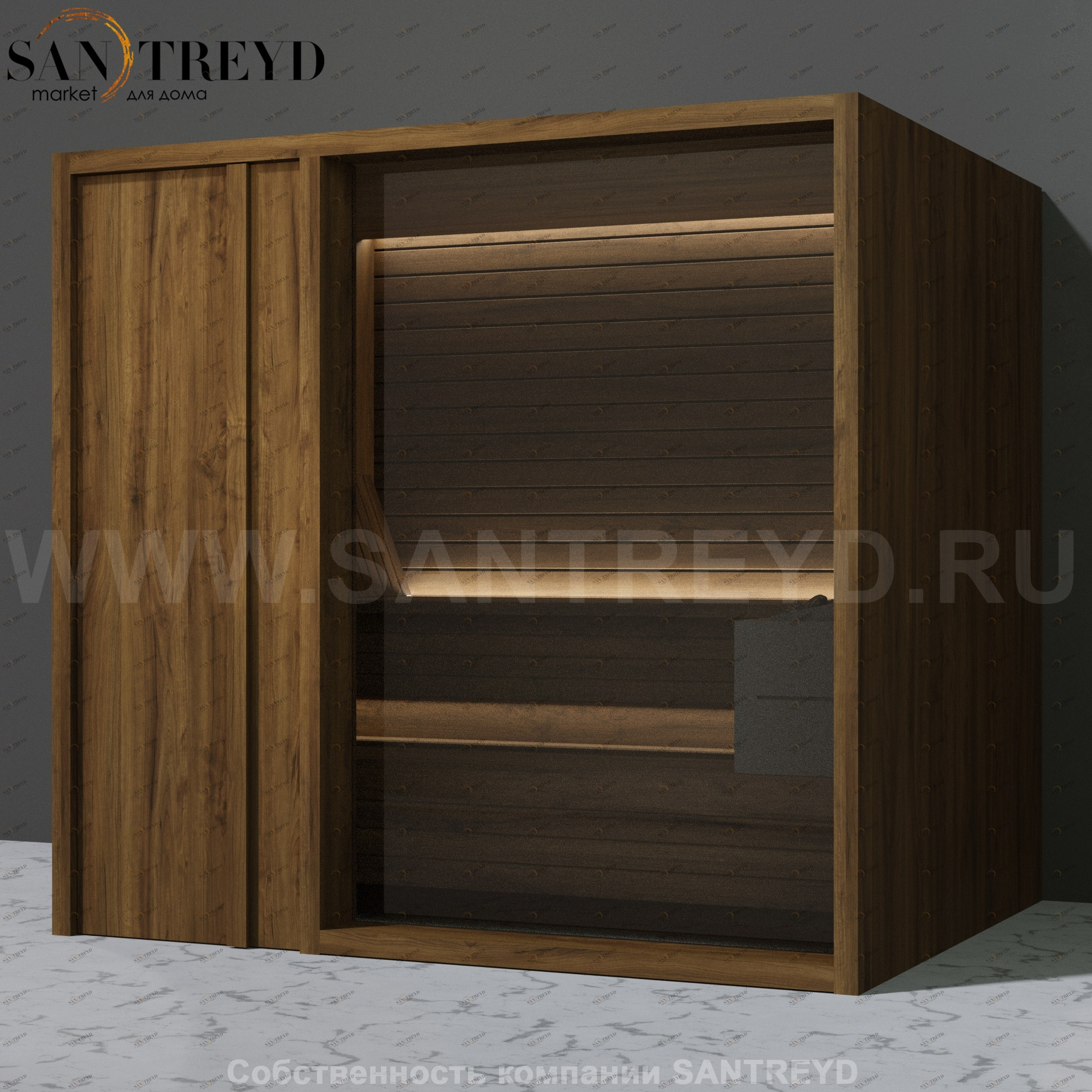 Effegibi YOKU.D105 SA.70200002 Сауна с левой дверью. Мощность: 10,5 кВт макс. Размеры: длина 230 см, ширина 200 см. Отделка: чёрный орех SA70200002