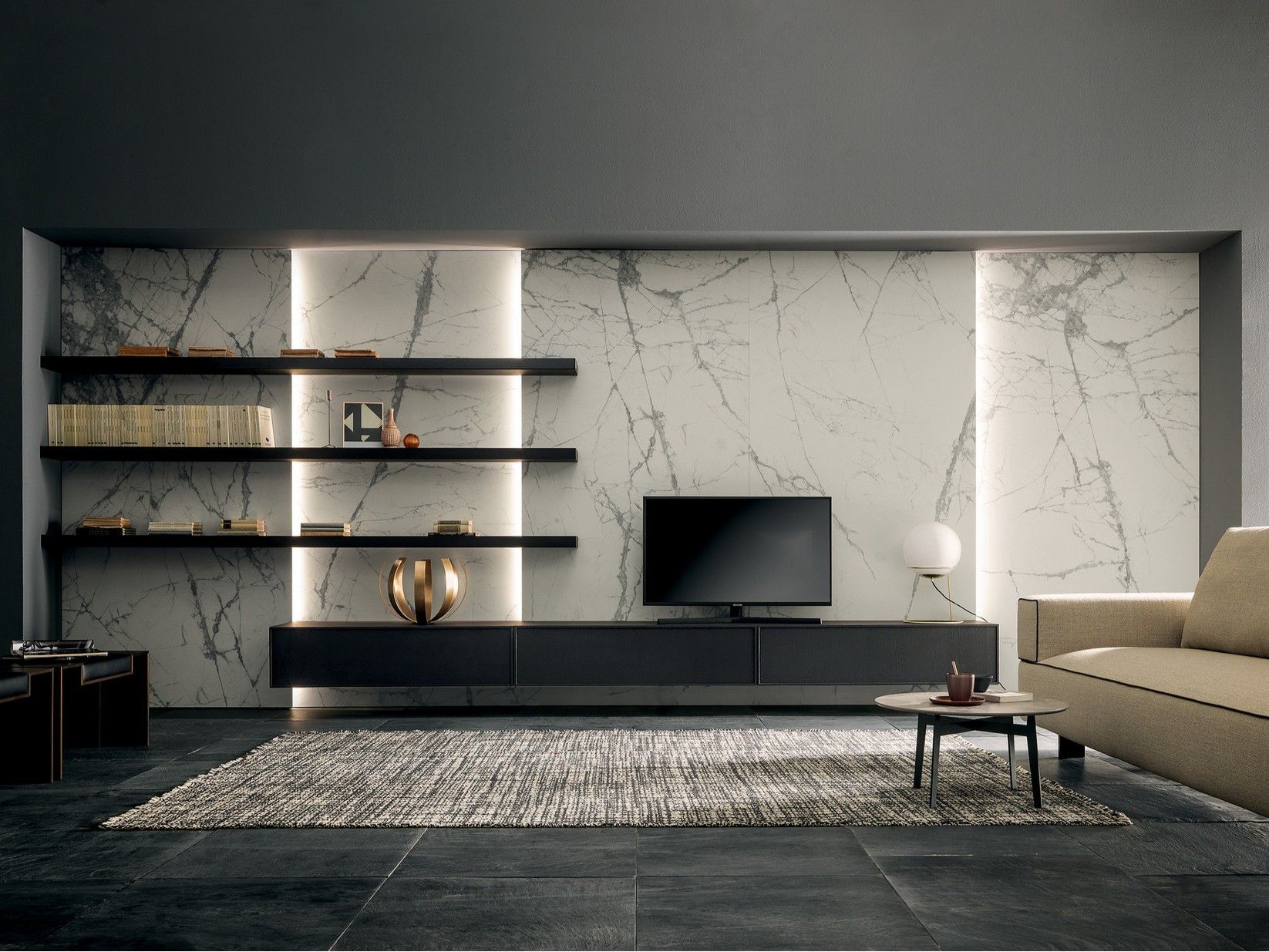 Стена оборудована дубовой и керамогранитной ТВ-стойкой MODULNOVA рамка ARCH-00069618