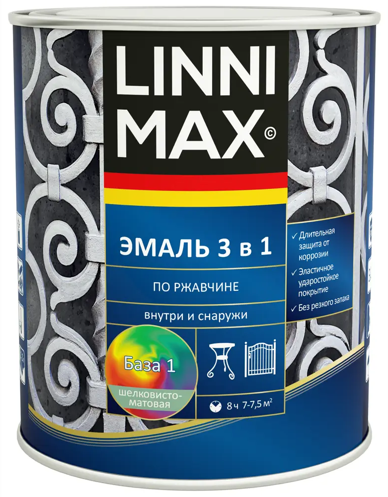 LINNIMAX Грунт-эмаль 3 в 1 по ржавчине белая полуматовая 0.75 л 89349601