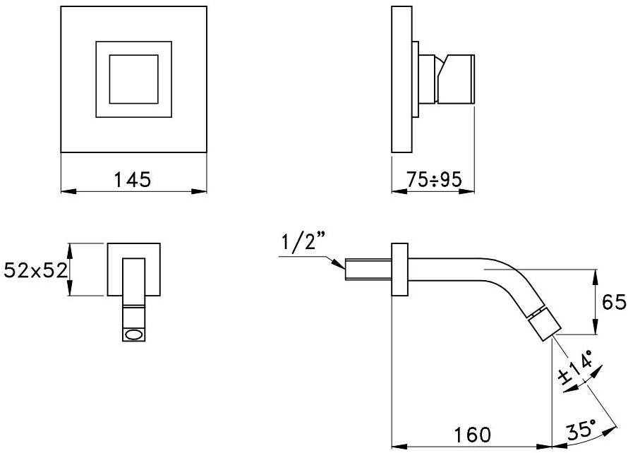 RUBINETTERIE STELLA Смеситель для умывальника настенный на 2 отверстия Bamboo quadro sun-id-1462566 - Вид №1