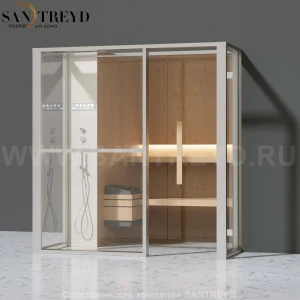 Effegibi LOGICAFILO S LO21020016 Сауна. Установка: в правый  полуугол. Левая дверь. Мощность: 6 кВт макс. Размеры: длина 214 см, ширина 250 см. Отделка: канадский хемлок, матовый лакированный белый аллюминий и серый ламинат из керамогранита.