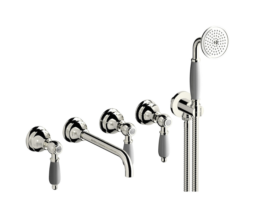 Настенный смеситель для ванной на 5 отверстий с дивертером и душевым гарнитуром. WE ARE IB hl398pl_2 Platinum Hermes