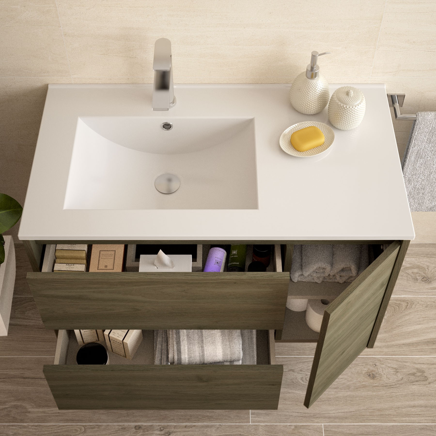 85051 SALGAR Комплект мебели для ванной NOJA 855 ETERNITY OAK + Раковина + Зеркало + Свет Робл Вечность - Вид №4