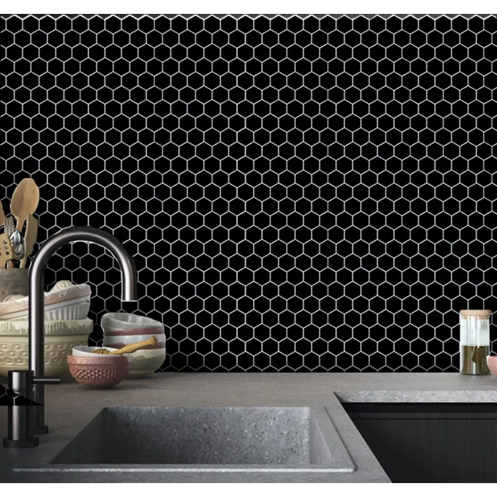 Наклейка декоративная 3D мозаика Черные соты 25x25 см FBRUSH STLM-2123947 - Вид №3