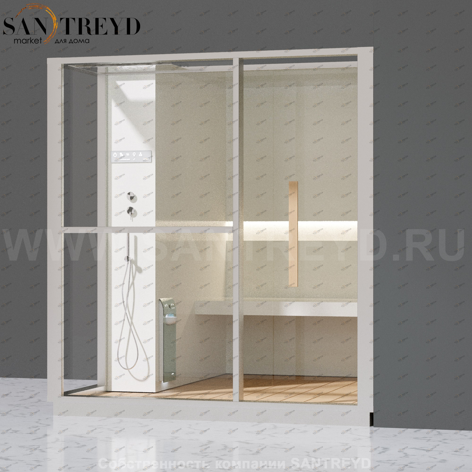 Effegibi LOGICA H LO30020008 Хаммам. Установка: в правый угол. Левая дверь. Мощность: 4,5 кВт макс. Размеры: длина 214 см, ширина 250 см. Отделка: матовый лакированный белый аллюминий и серый ламинат из керамогранита.