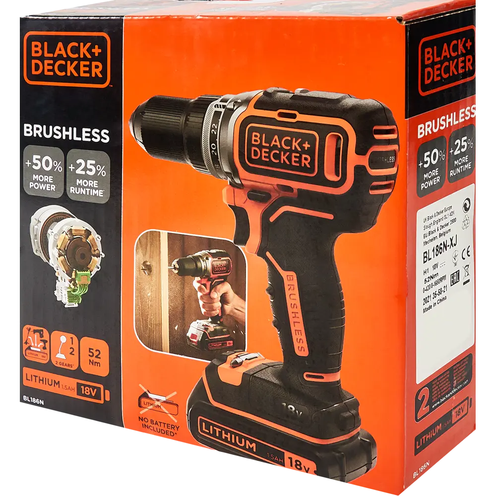 Дрель-шуруповерт аккумуляторная бесщеточная Black&Decker BL186N-XJ, 18 В без АКБ и ЗУ BLACK + DECKER STLM-2113075 - Вид №5