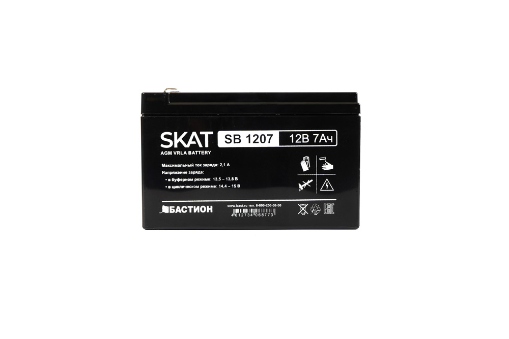 SKAT SB 1207 , 12v, 7ah, maximum charge current 2.1 a. terminal type - f1 knife. case size - 66x151x100. weight - 2.1 kg. service life - 6 years. warranty - 18 months. Бастион  - Вид №1