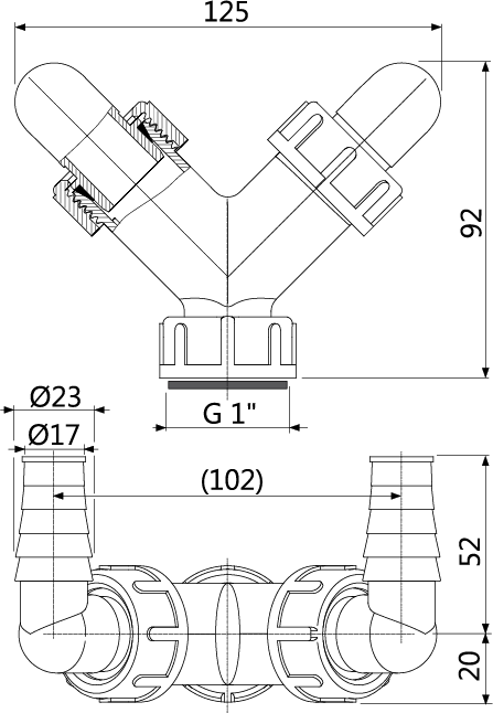 Колено с двумя штуцерами G1"/17–23 ALCAPLAST P148 - Вид №1
