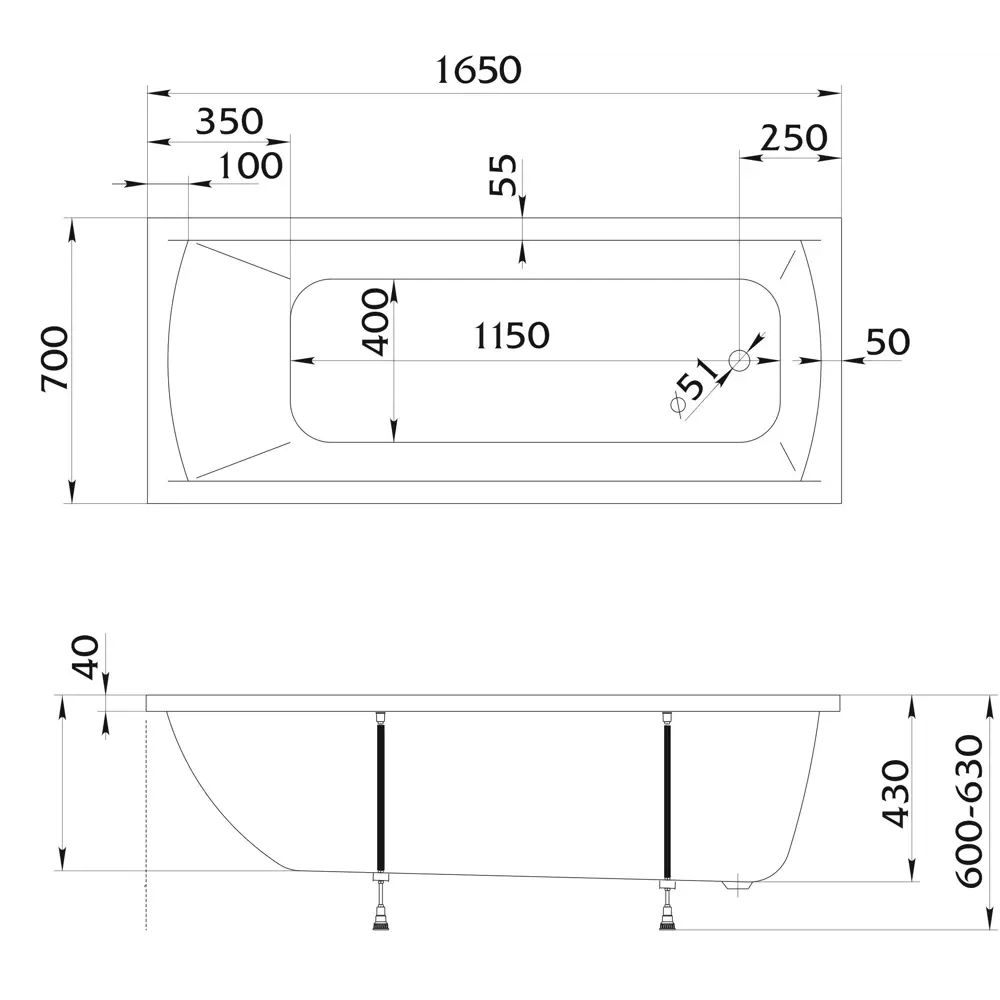 Ванна 100Acryl Ницца акриловая 165x70 см каркас в комплекте STLM-2113708 - Вид №10