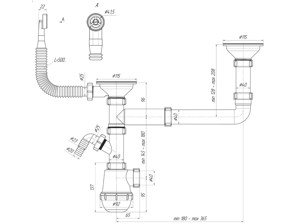 2-ой Сифон Ани Грот двойной 3 1/2" с перел. и отводами Анипласт GRANFEST А 7700SP Р/У - Вид №1