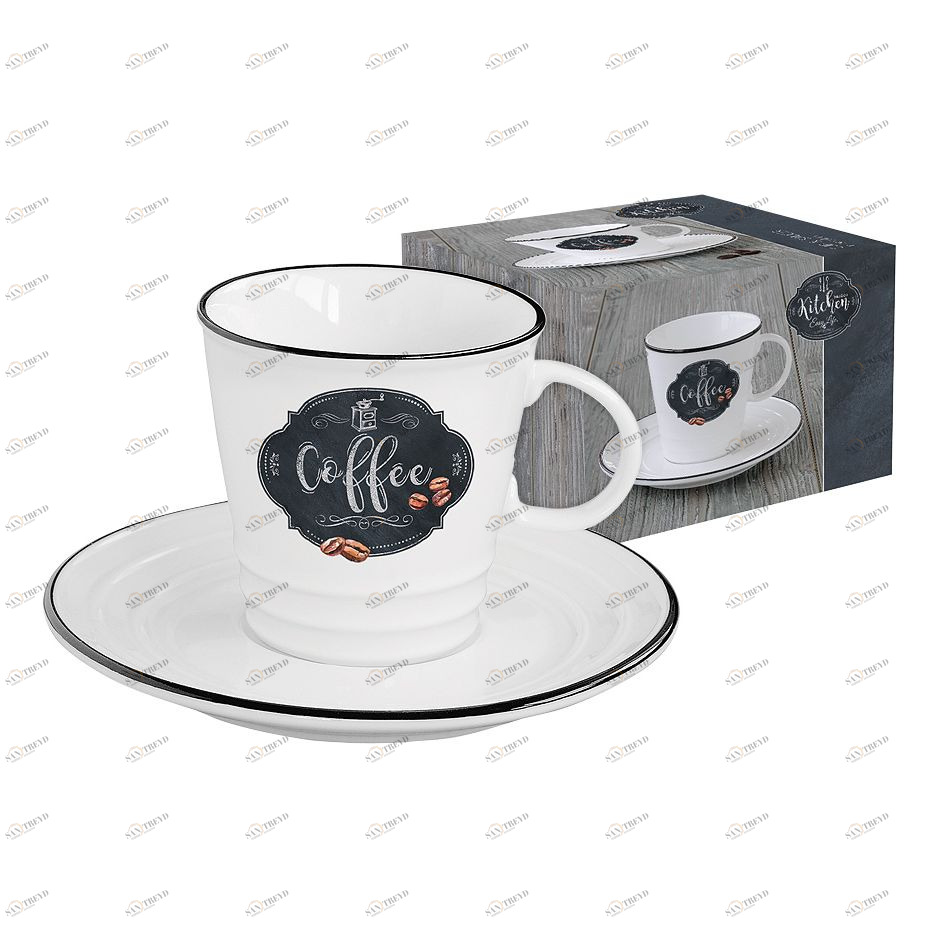 Чашка фарфоровая с блюдцем белая в подарочной упаковке "Кофе" "Кухня в стиле Ретро" EASY LIFE КУХНЯ В СТИЛЕ РЕТРО 00-3947024 Белый 