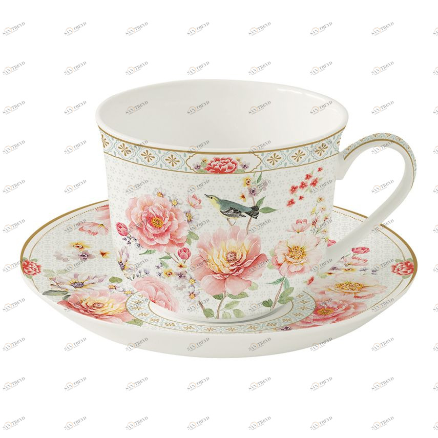 Чашка фарфоровая с блюдцем белая с розовым 600 мл в подарочной упаковке "Райский сад" EASY LIFE РАЙСКИЙ САД 00-3947043 Белый;розовый 