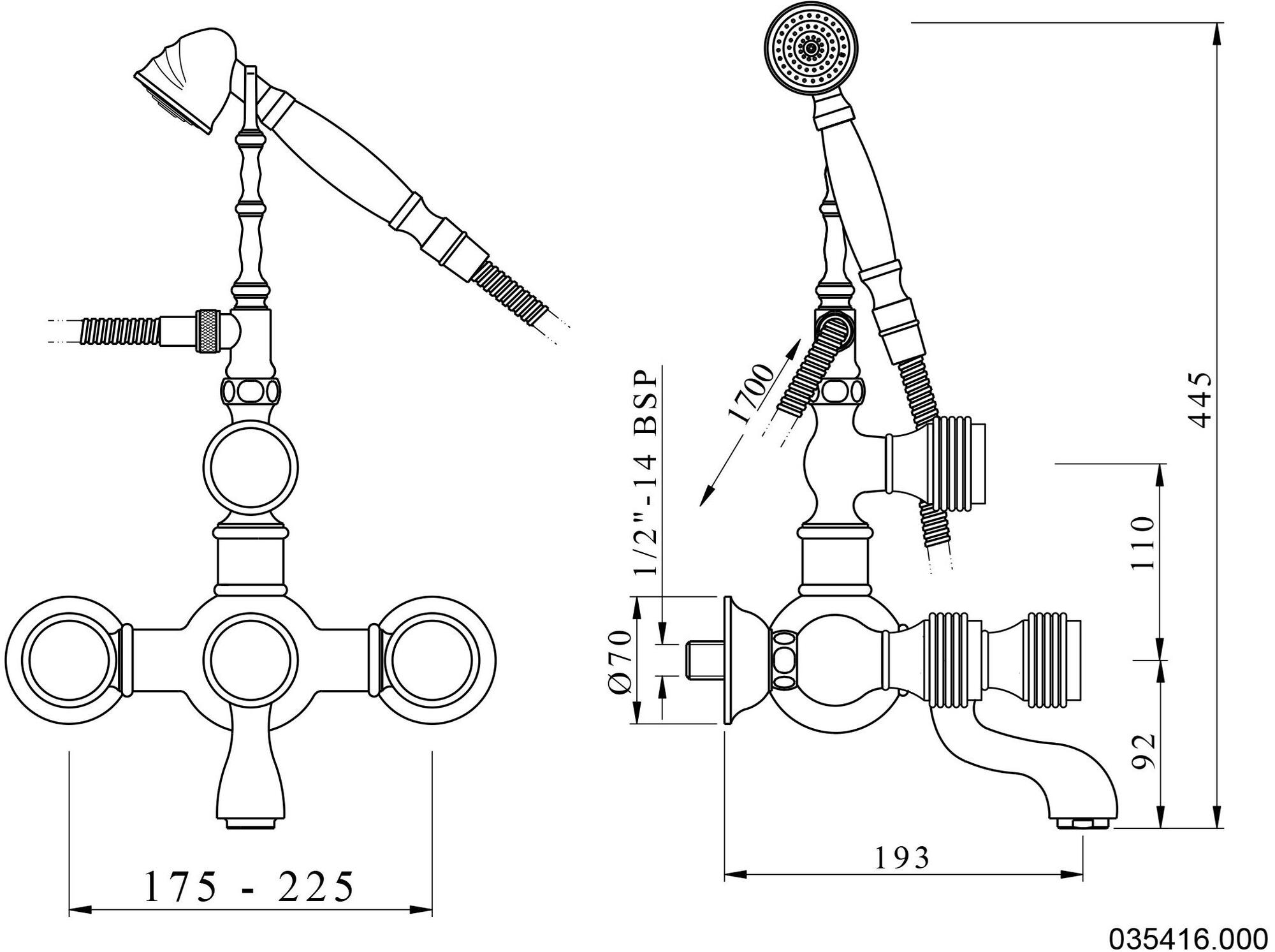 Bronces Mestre Настенный смеситель для ванны на 2 отверстия с ручным душем Retro 035416.000.50 - Вид №1