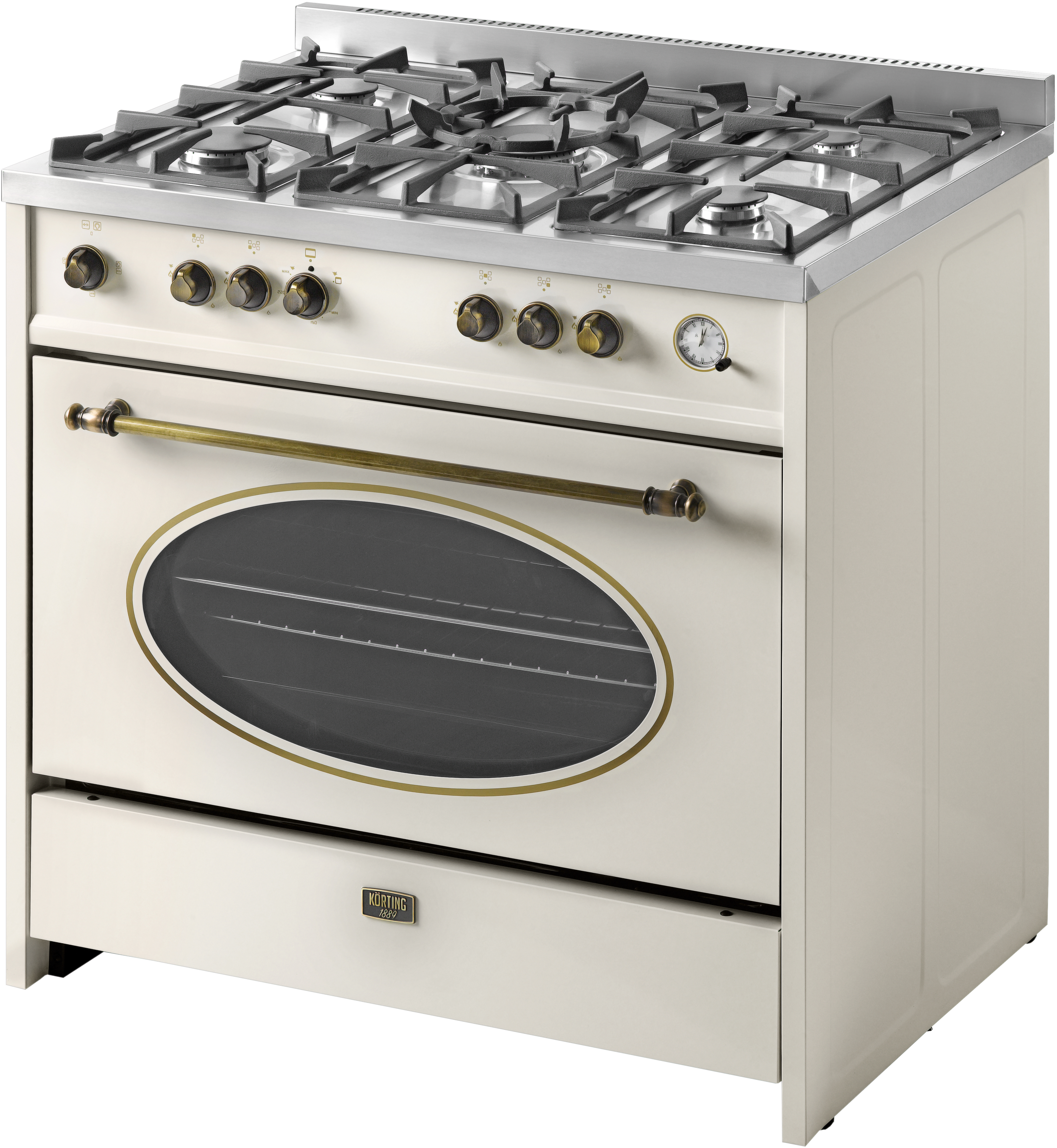 CKG 93050 CRI Отдельностоящая газовая плита / ширина 90 см, серия ретро, поверхность: 5 высокоэффективных газовых конфорок, сверхмощная конфорка wok, газовая поверхность из нержавеющей стали, чугунные держатели посуды, автоматический электроподжиг, газ-ко Santreyd  - Вид №1