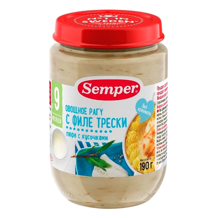 Пюре Овощное рагу с филе трески с 9 месяцев Semper 190 г Santreyd 15738