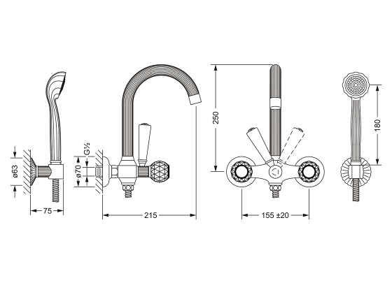 Смеситель для ванны с душевым гарнитуром ½“, настенный монтаж JOERGER Cronos Crystal 637.20.100.000-AA - Вид №1
